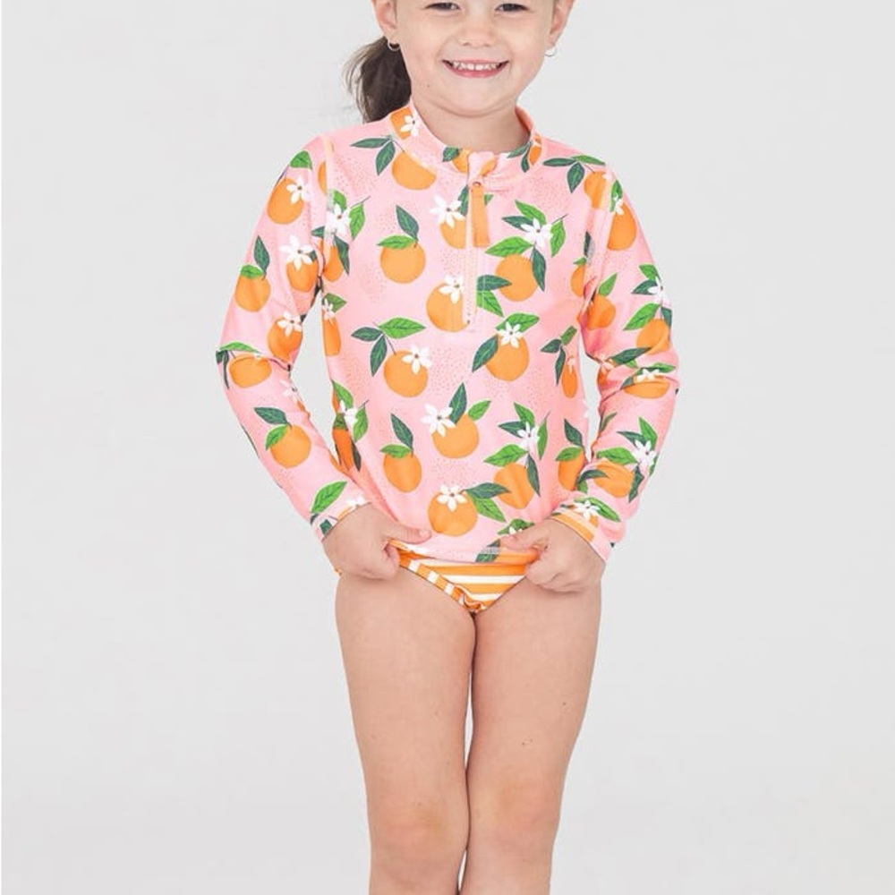 RuffleButts Kids 5 Orange You the Sweetest Long Sleeve Rashguard Swim Beach